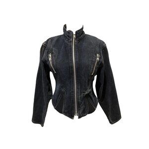 SANTANA Faded Black Structured Denim Moto Biker Jacket Cinched Waist M